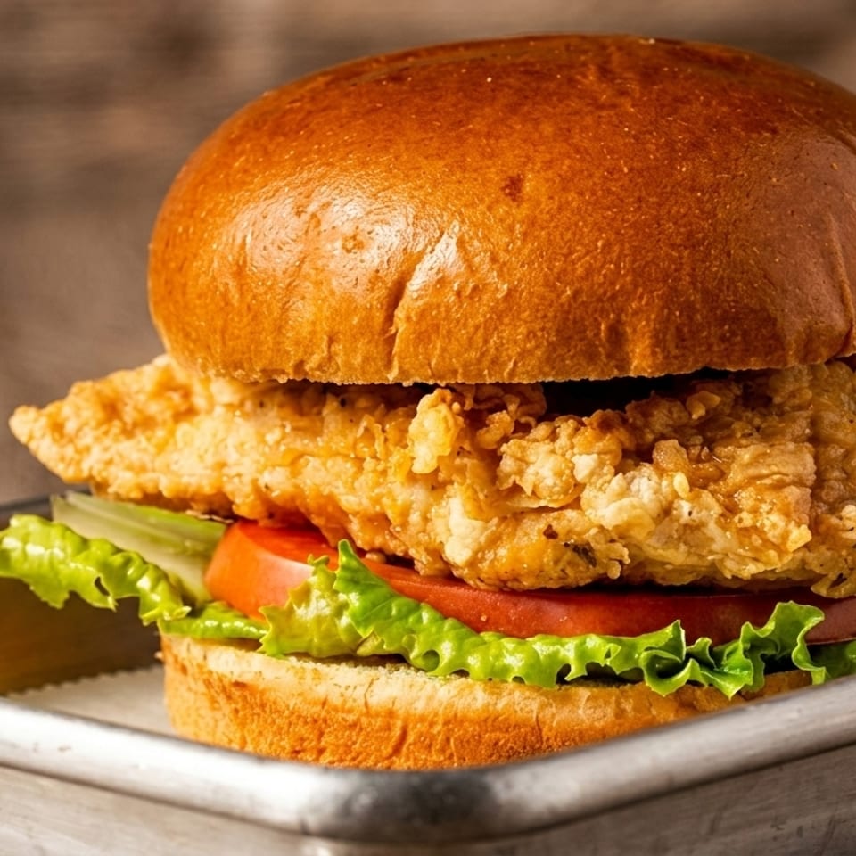 Crispy fried chicken sandwich with lettuce, tomato, and pickles on a brioche bun in a metal tray.
