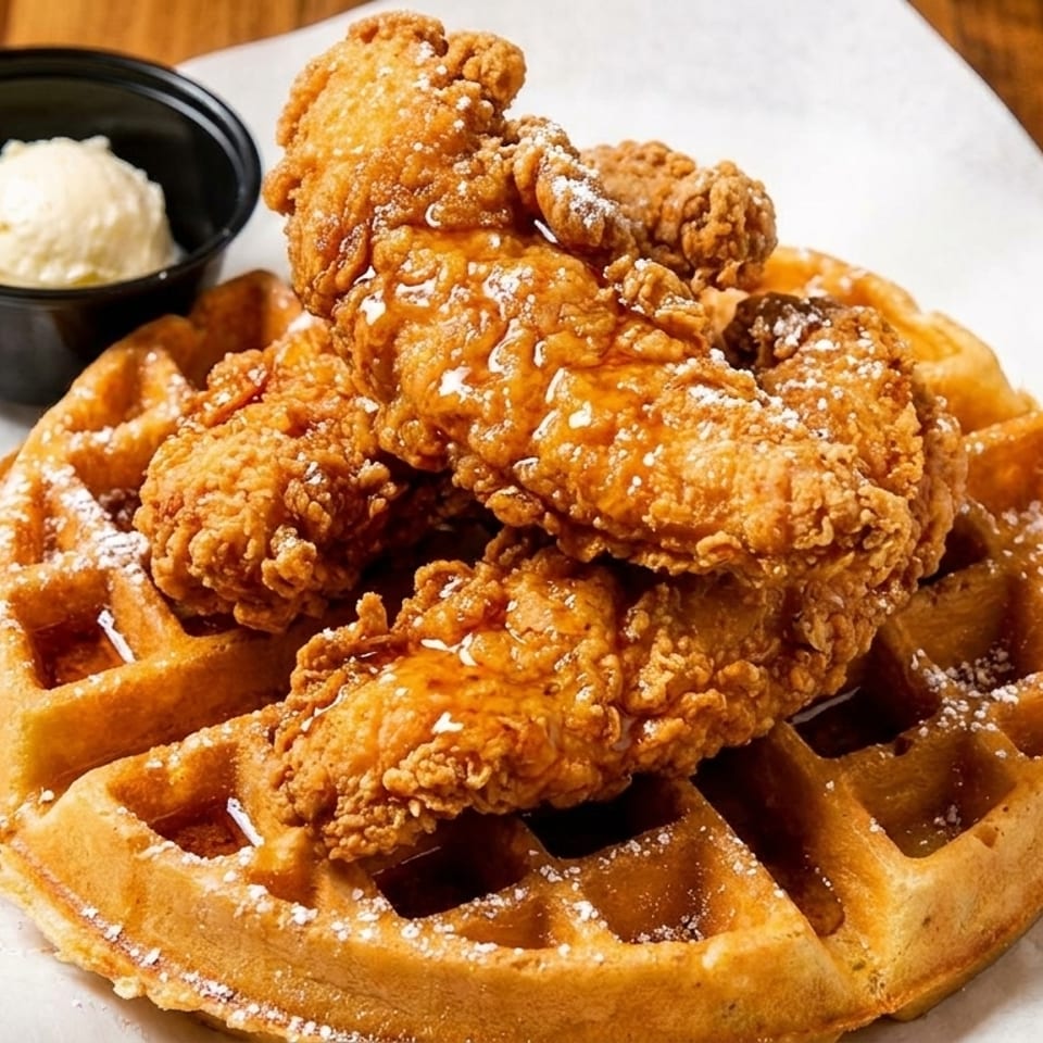 Crispy fried chicken tenders drizzled with syrup and powdered sugar, served atop a waffle with butter.