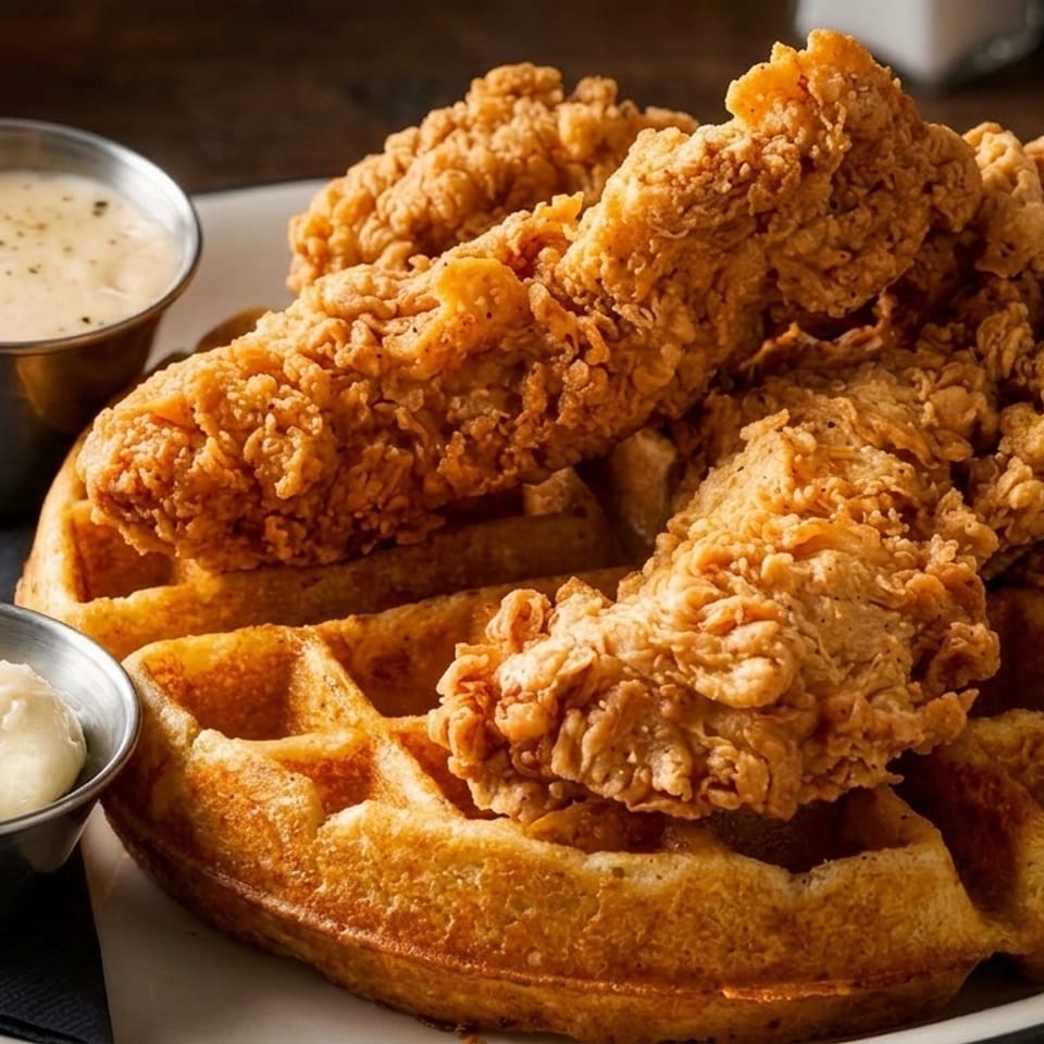 Crispy fried chicken tenders on a golden waffle, with sides of gravy and butter.