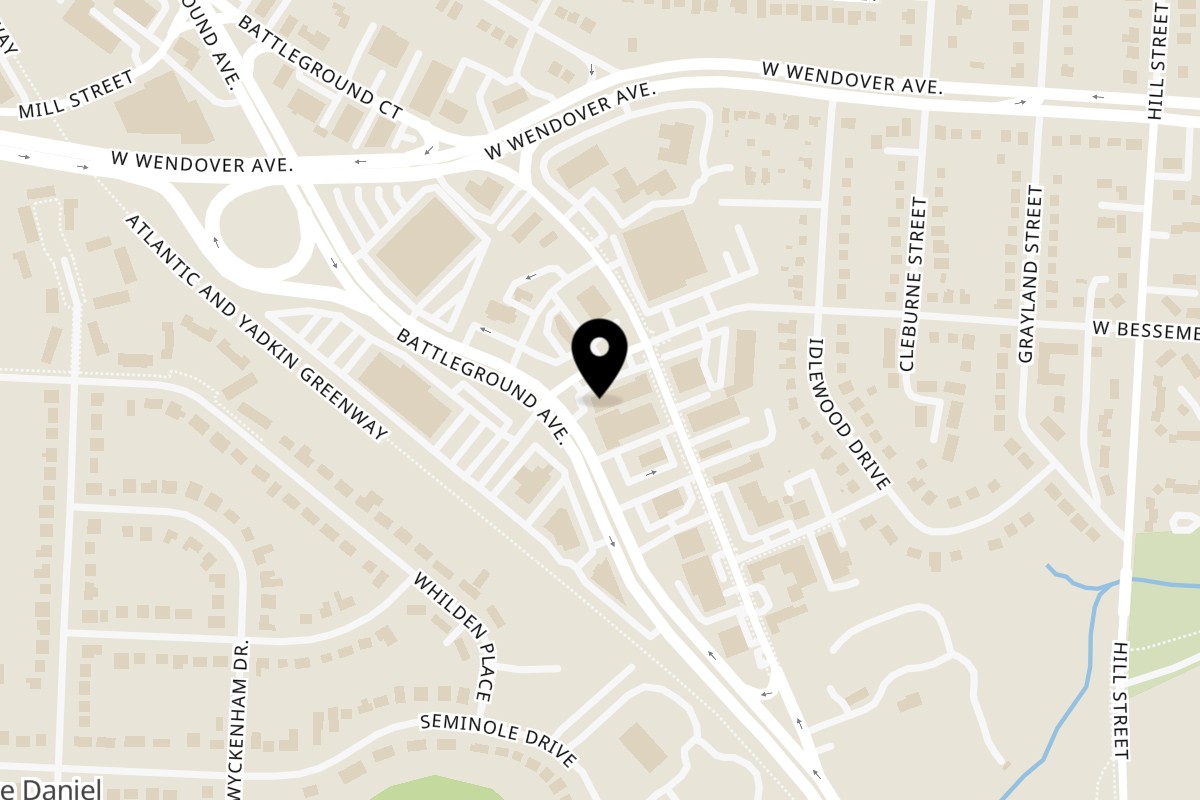 Map showing the location of Scratch Fried Chicken on 1220 Battleground Ave A in Greensboro